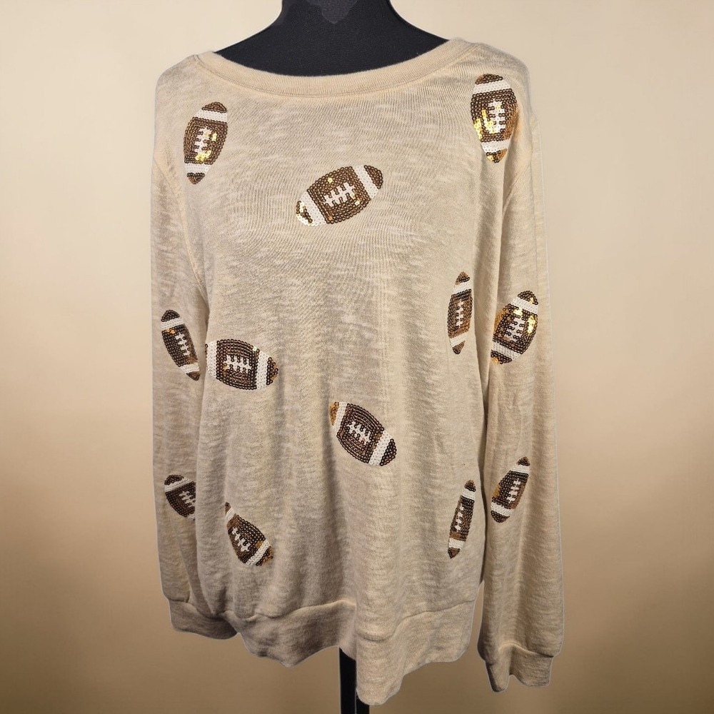 Tru Self Sequin‎ Football Sweatshirt Womens Lg Cream Long Sleeve Casual Cozy Top - Picture 2 of 9